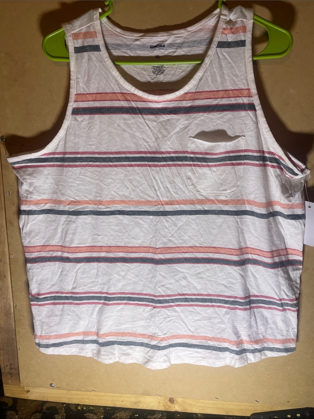 3/ $15.        Sonoma White Tank with coral, red and Gray Stripes